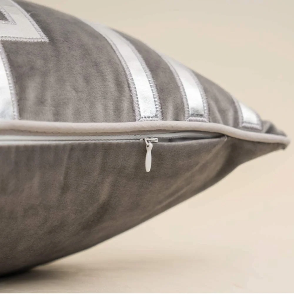 Luxury Home | Elegant Grey Soft Velvet Faux Leather Applique Throw Pillow Cover